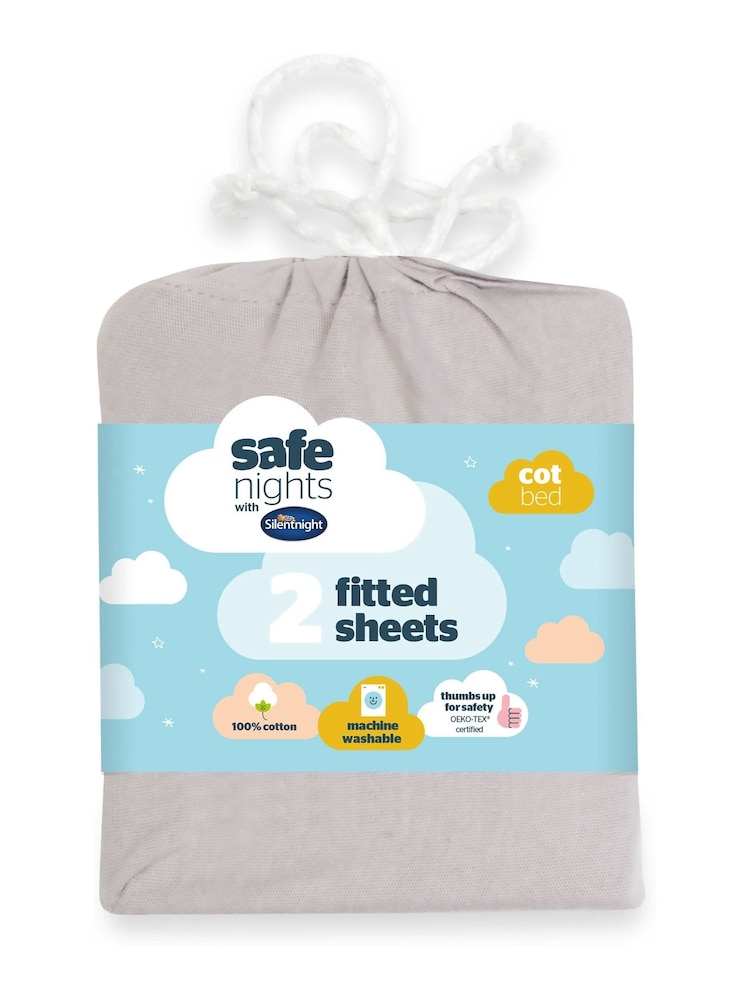 Silentnight 2 Pack Grey Kids Safe Nights Cot Bed 100% Cotton Fitted Sheets - Image 8 of 14