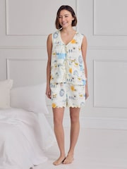 Chelsea Peers Natural Linen Blend Scallop Edge Tie-Front Stripe Cami Short Pyjamas Set - Image 2 of 7