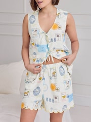 Chelsea Peers Natural Linen Blend Scallop Edge Tie-Front Stripe Cami Short Pyjamas Set - Image 3 of 7