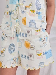 Chelsea Peers Natural Linen Blend Scallop Edge Tie-Front Stripe Cami Short Pyjamas Set - Image 6 of 7