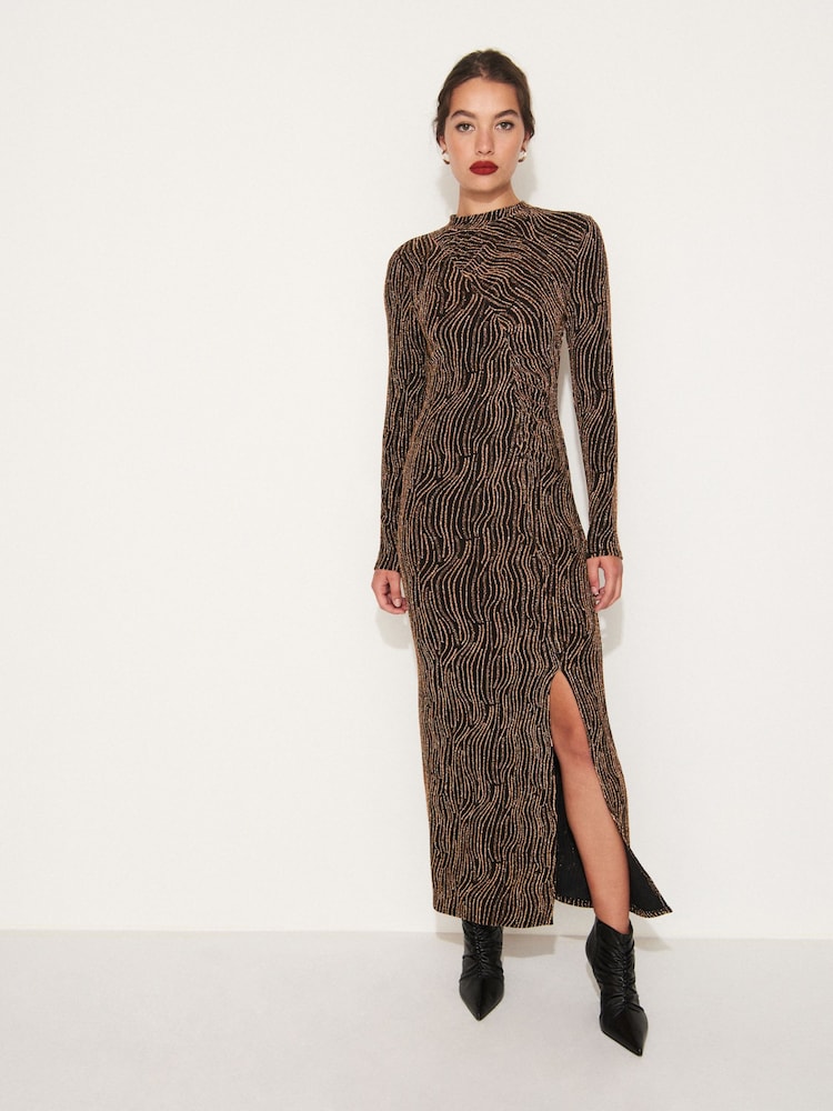 Gold Sparkle Long Sleeved Ruched Midi Dress - Image 2 of 4