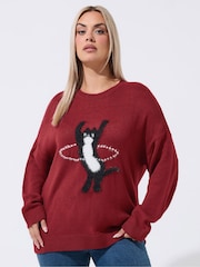Yours Curve Red Limited Cat Knitted Jumper - Image 1 of 4