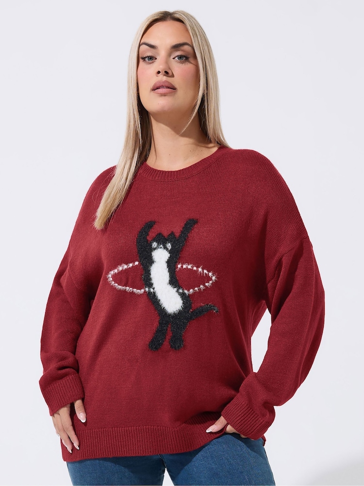 Yours Curve Red Limited Cat Knitted Jumper - Image 1 of 4 Yours Curve Red Limited Cat Knitted Jumper - Image 1 of 4