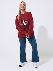 Yours Curve Red Limited Cat Knitted Jumper - Image 2 of 4