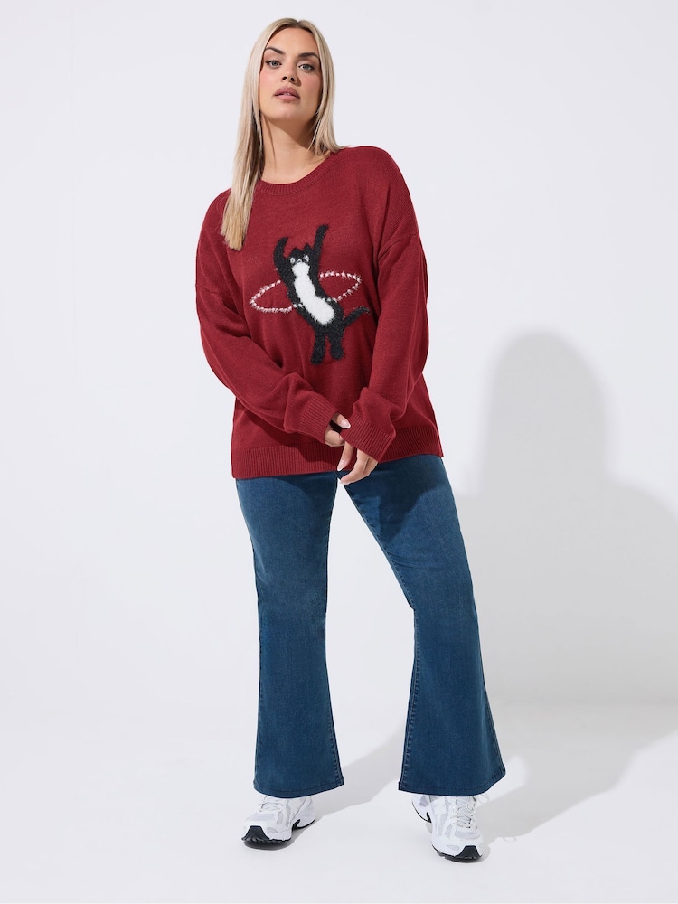 Yours Curve Red Limited Cat Knitted Jumper - Image 2 of 4 Yours Curve Red Limited Cat Knitted Jumper - Image 2 of 4