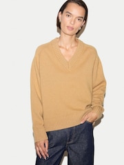 Cream - Jigsaw Wool Cashmere Blend V-Neck Jumper - Imaginea 1 din 5