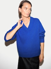 Albastru - Jigsaw Wool Cashmere Blend V-Neck Jumper - Imaginea 2 din 6