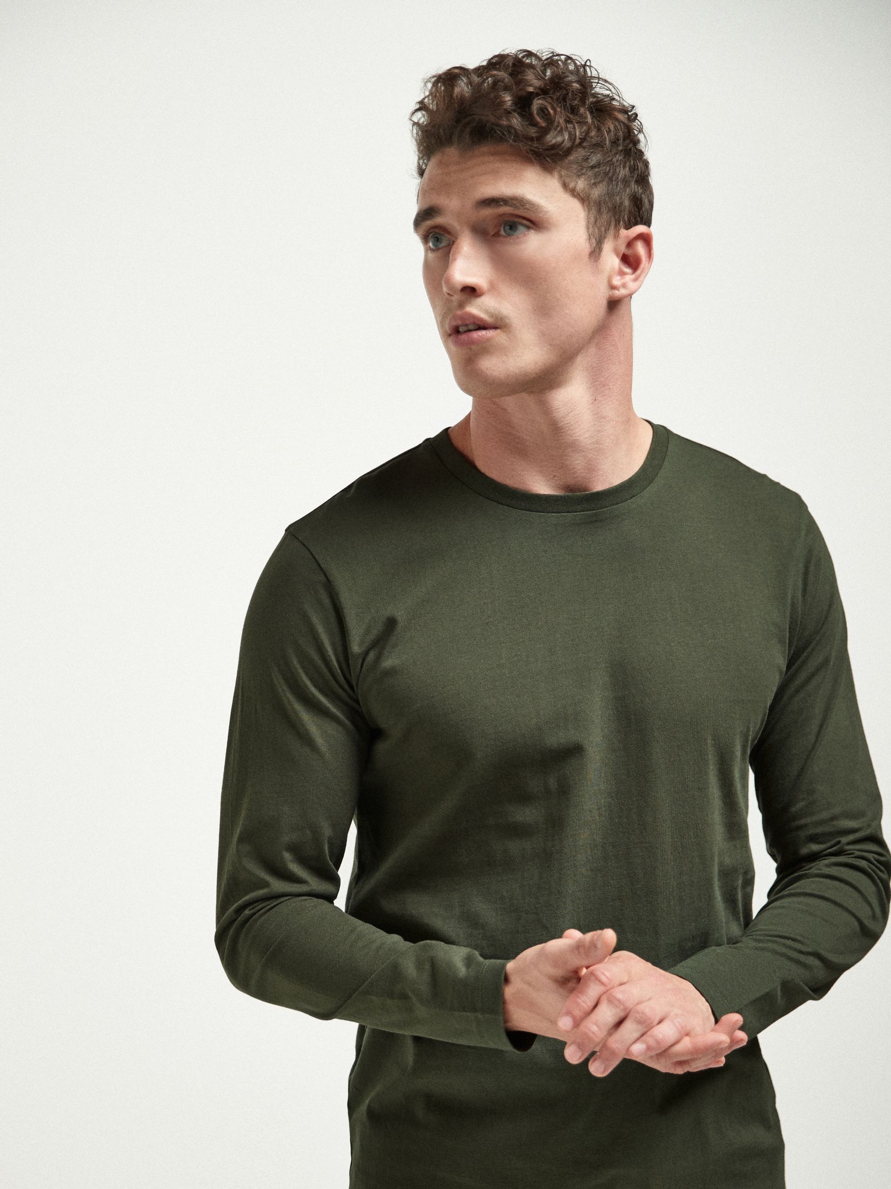 Dark Khaki Green Regular Fit Long Sleeve Crew Neck 100% Cotton T-Shirt - Image 1 of 3