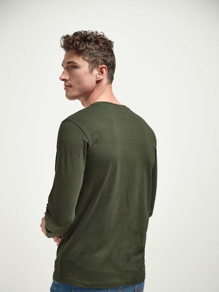 Dark Khaki Green Regular Fit Long Sleeve Crew Neck 100% Cotton T-Shirt - Image 2 of 3