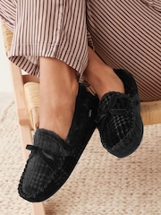 Black Dogtooth Faux Fur Lined Moccasin Slippers - Image 1 of 5