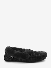 Black Dogtooth Faux Fur Lined Moccasin Slippers - Image 2 of 5