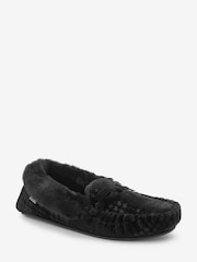 Black Dogtooth Faux Fur Lined Moccasin Slippers - Image 3 of 5