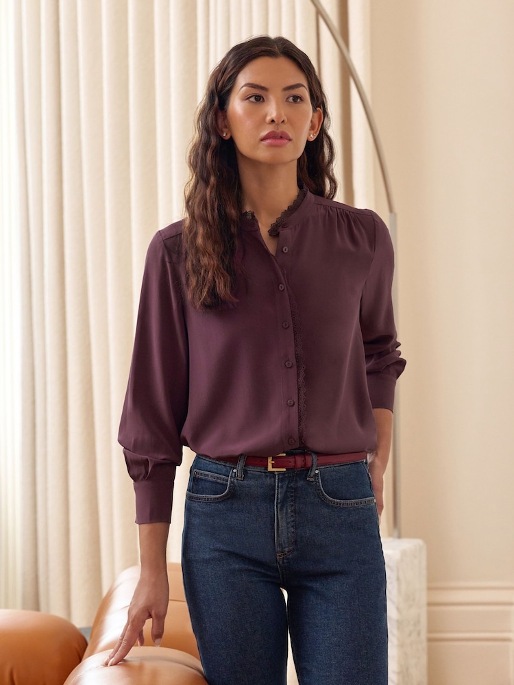 Pure Collection Purple Silk Lace Frill Shirt - Image 1 of 3 Pure Collection Purple Silk Lace Frill Shirt - Image 1 of 3