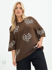 Yours Curve Brown Limited Heart Leopard Knitted Boxy Top - Image 1 of 6