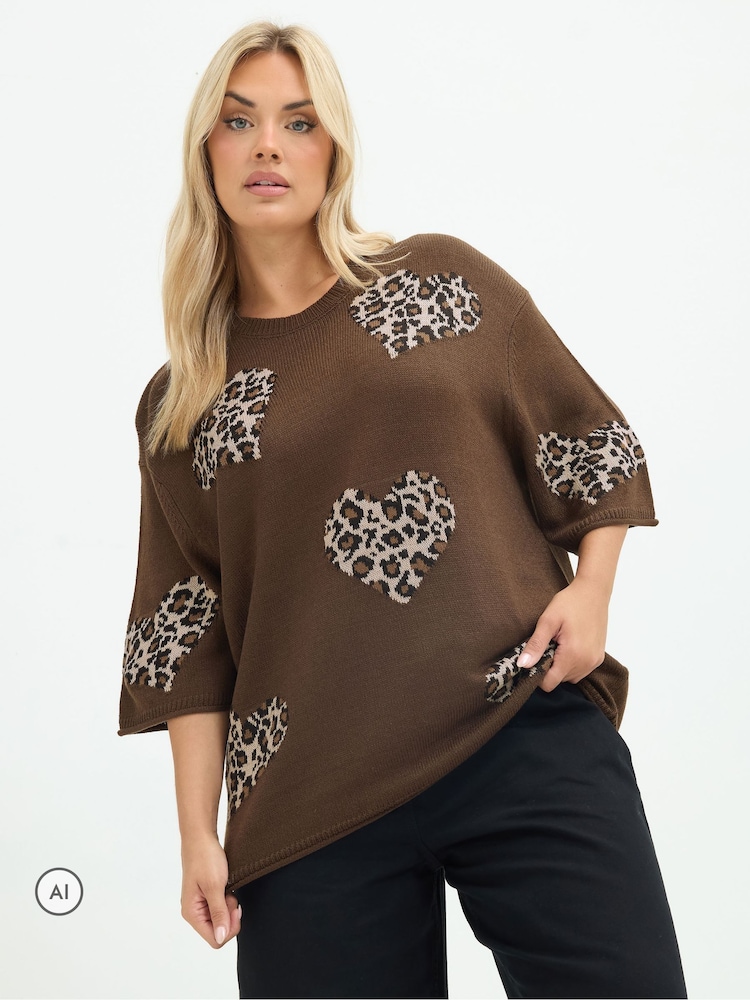 Yours Curve Brown Limited Heart Leopard Knitted Boxy Top - Image 1 of 6