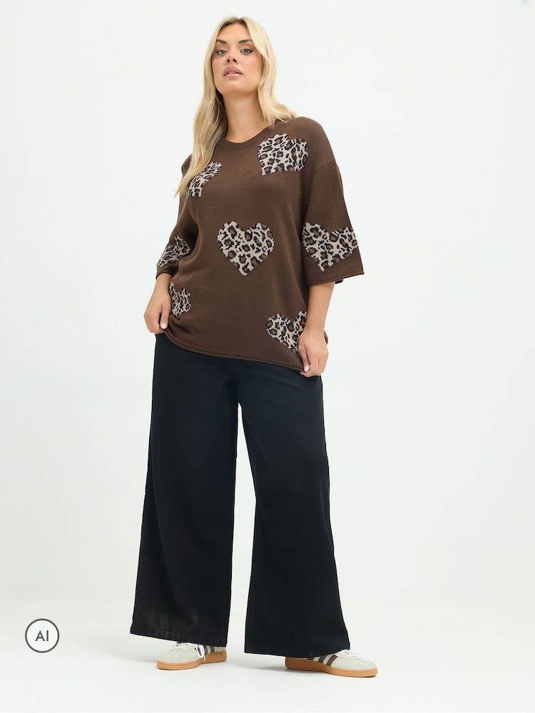 Yours Curve Brown Limited Heart Leopard Knitted Boxy Top - Image 2 of 6