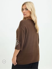 Yours Curve Brown Limited Heart Leopard Knitted Boxy Top - Image 3 of 6
