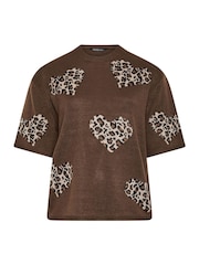 Yours Curve Brown Limited Heart Leopard Knitted Boxy Top - Image 5 of 6