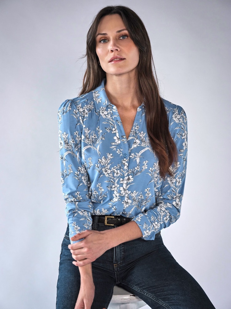 Pure Collection Blue Viscose Jersey V-Neck Shirt - Image 1 of 3 Pure Collection Blue Viscose Jersey V-Neck Shirt - Image 1 of 3