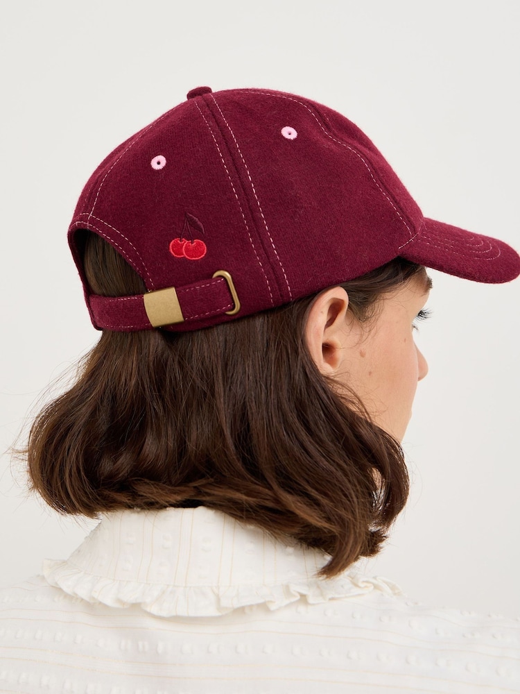 Oliver Bonas Red Embroidered Cherry & Brushed Cap Hat - Image 6 of 6 Oliver Bonas Red Embroidered Cherry & Brushed Cap Hat - Image 6 of 6