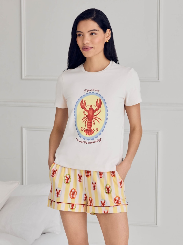 Chelsea Peers Yellow Lobster Stripe Graphic Tee Short Pyjama Set - Image 1 of 6 Chelsea Peers Yellow Lobster Stripe Graphic Tee Short Pyjama Set - Image 1 of 6