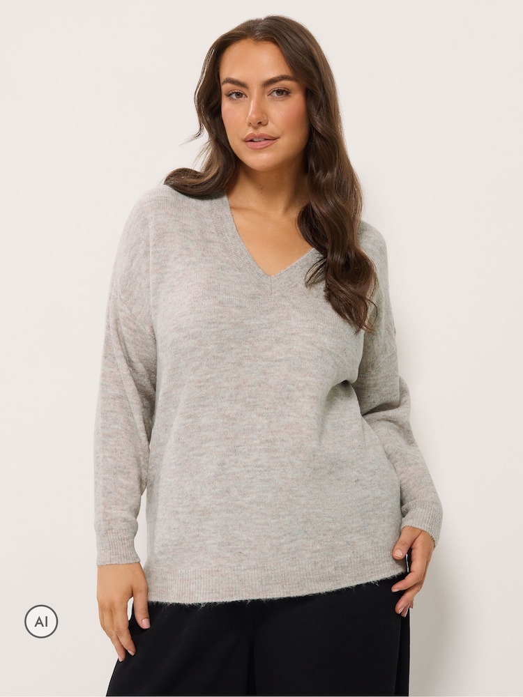 Yours Curve Natural Knitted V-Neckline Jumper - Image 1 of 6 Yours Curve Natural Knitted V-Neckline Jumper - Image 1 of 6