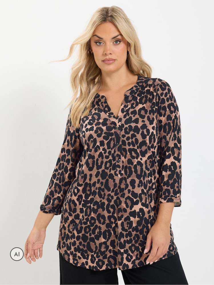 Yours Curve Brown Half Placket Shirt - Image 2 of 6 Yours Curve Brown Half Placket Shirt - Image 2 of 6