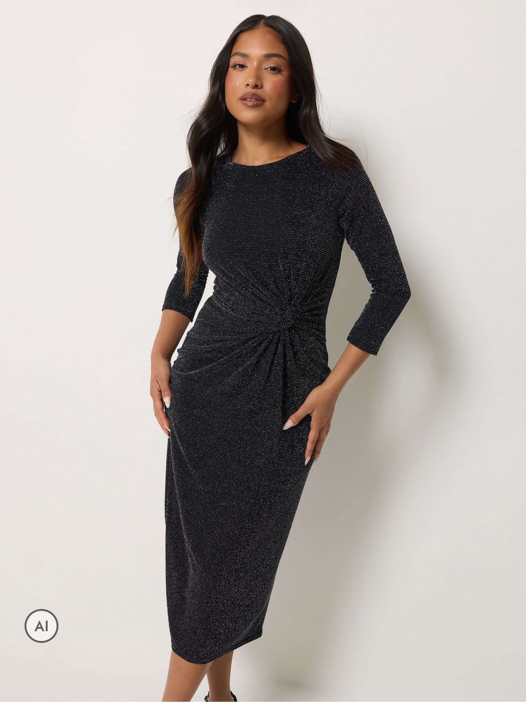 Pixiegirl Petite Women's Black Brillo Twist Detail Midi Dress