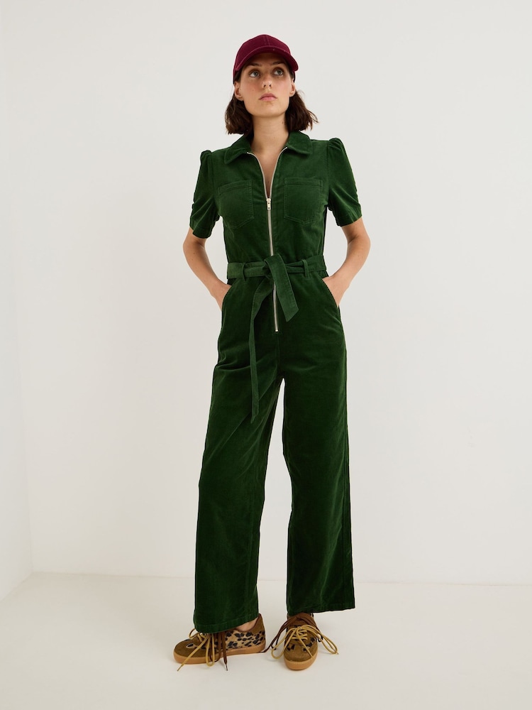 Oliver Bonas Green Corduroy Zip Up Short Sleeve Jumpsuit - Image 1 of 8 Oliver Bonas Green Corduroy Zip Up Short Sleeve Jumpsuit - Image 1 of 8