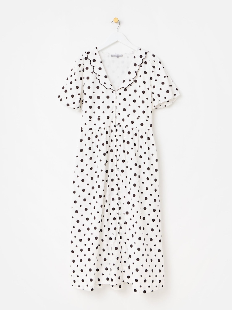 Oliver Bonas Polka Dot Scallop Collar Cotton Midi Dress - Image 1 of 6