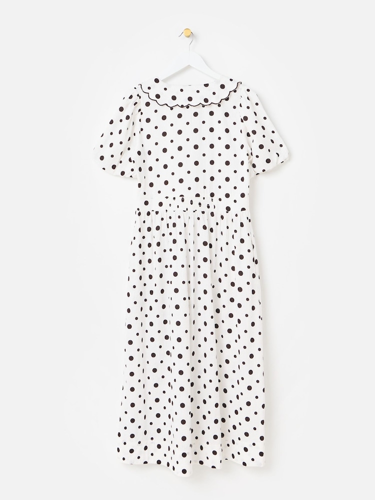 Oliver Bonas Polka Dot Scallop Collar Cotton Midi Dress - Image 2 of 6