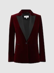 Reiss Red Opal Fitted Velvet Single Breasted Suit Blazer - Image 2 of 4