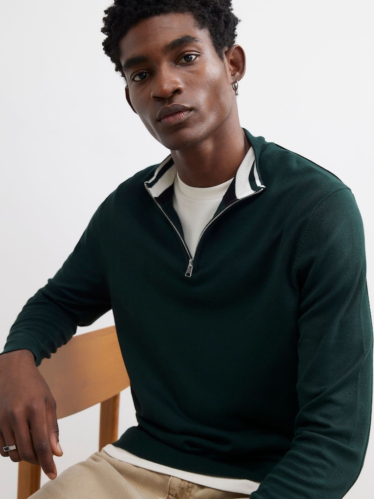 River Island Green Slim Fit Half Zip Sweater - Image 1 of 4 River Island Green Slim Fit Half Zip Sweater - Image 1 of 4