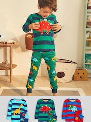 Blue/Red/Green Stripe Dino 3 Pack Snuggle Pyjamas (9mths-8yrs) - Image 1 of 14
