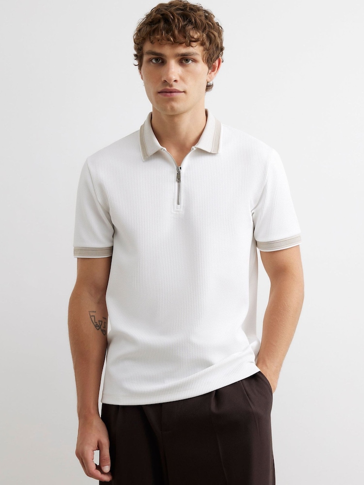 River Island White Slim Fit Zipped Waffle Texture Polo Shirt - Image 1 of 4