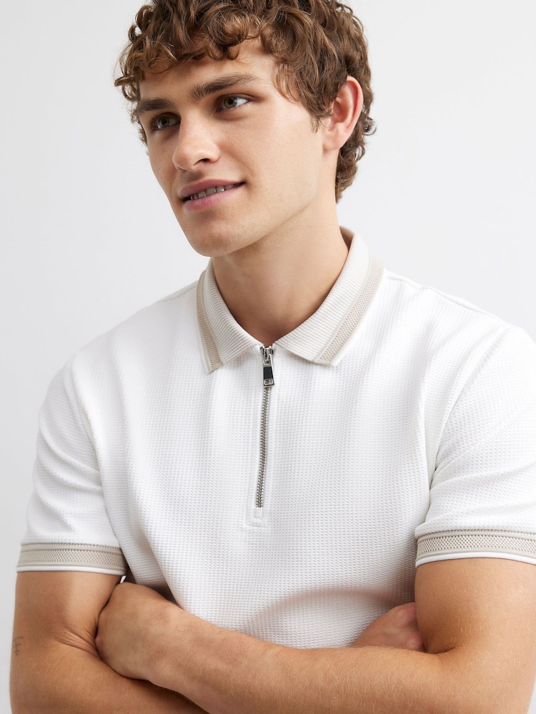 River Island White Slim Fit Zipped Waffle Texture Polo Shirt - Image 2 of 4