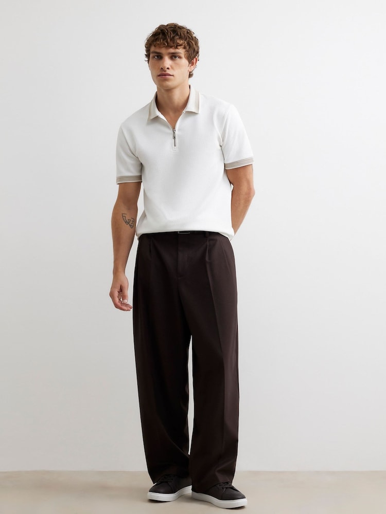 River Island White Slim Fit Zipped Waffle Texture Polo Shirt - Image 4 of 4