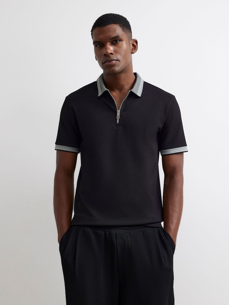 River Island Black Slim Fit Zipped Waffle Texture Polo Shirt - Image 1 of 4