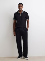 River Island Black Slim Fit Zipped Waffle Texture Polo Shirt - Image 2 of 4