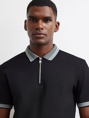 River Island Black Slim Fit Zipped Waffle Texture Polo Shirt - Image 3 of 4