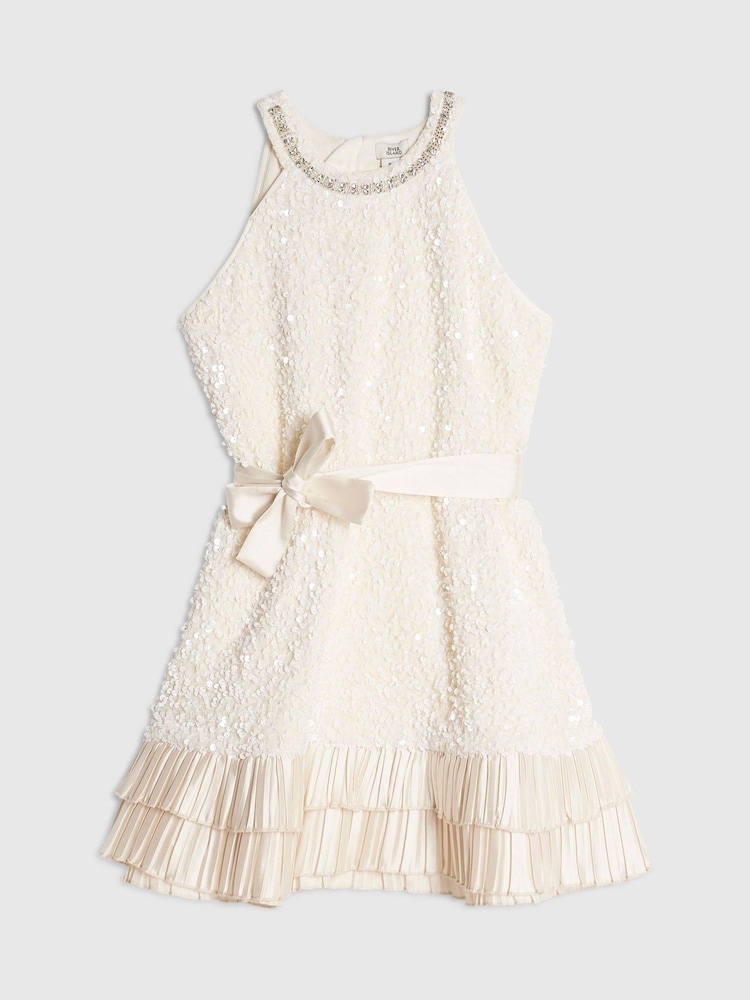 River Island Cream Sequin Halter Neck Dress - Image 1 of 4