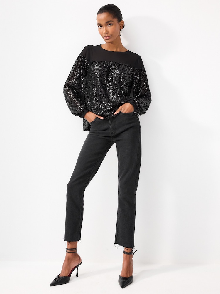 Black Long Sleeve Sequin Sparkle Top - Image 1 of 6