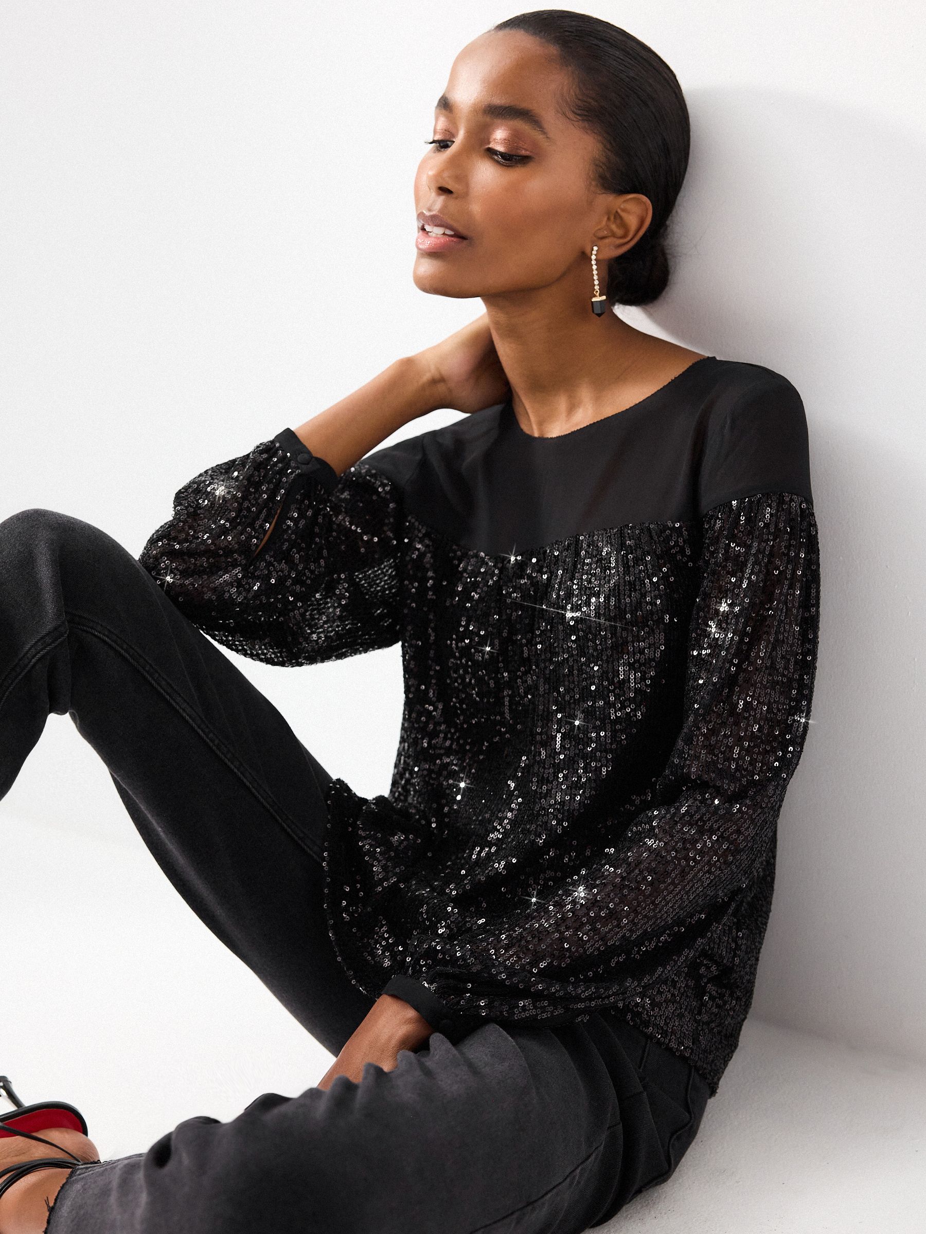 Buy Black Long Sleeve Sequin Sparkle Top from Next Luxembourg