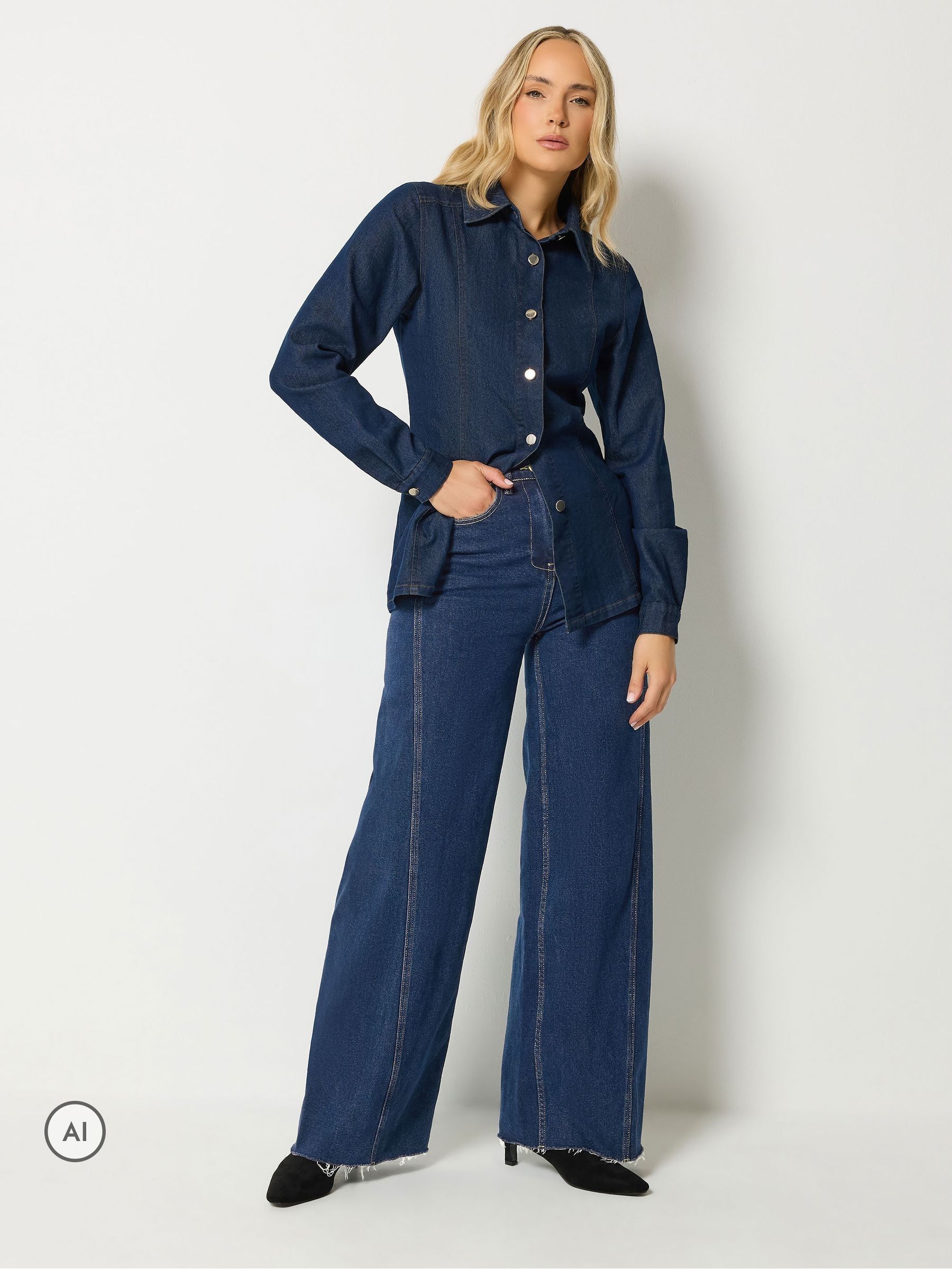 Long Tall Sally Women's Blue Cotton Raw Hem Wide Leg Jeans - Image 2