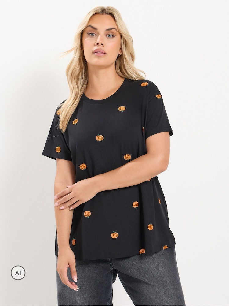 Yours Curve Black Core Pumpkin Embroidered T-Shirt - Image 1 of 6