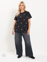 Yours Curve Black Core Pumpkin Embroidered T-Shirt - Image 2 of 6