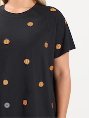 Yours Curve Black Core Pumpkin Embroidered T-Shirt - Image 4 of 6