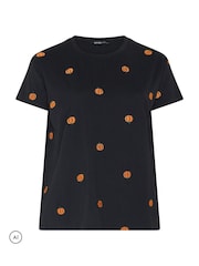 Yours Curve Black Core Pumpkin Embroidered T-Shirt - Image 5 of 6