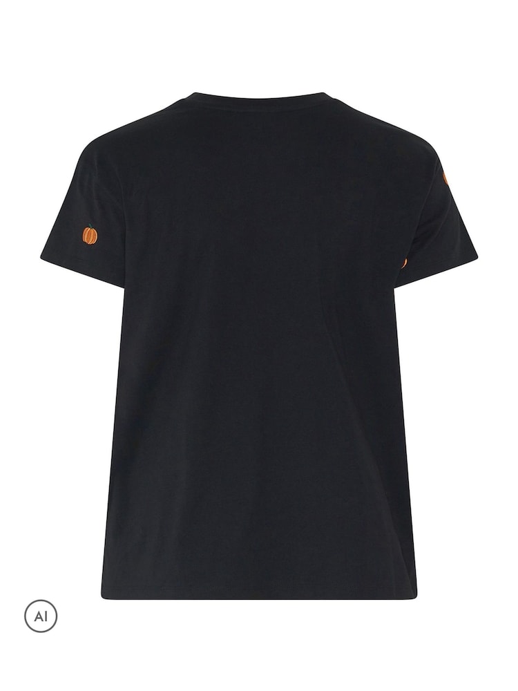 Yours Curve Black Core Pumpkin Embroidered T-Shirt - Image 6 of 6