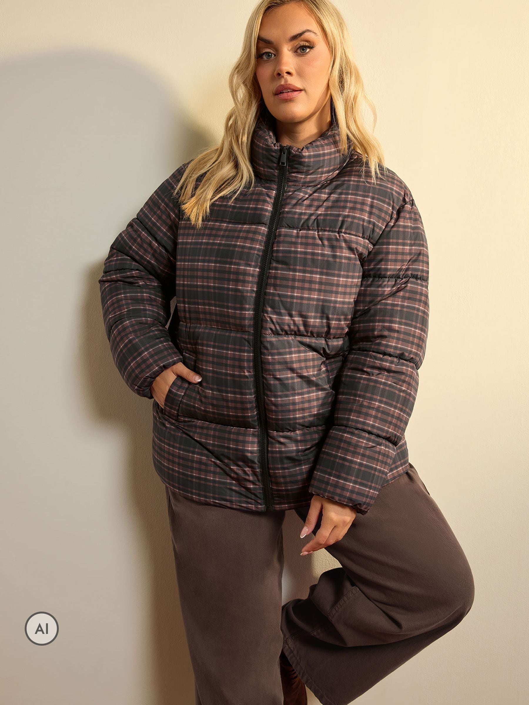 Yours Women's Brown Check Padded Coat In | : 34/36 - Image 6